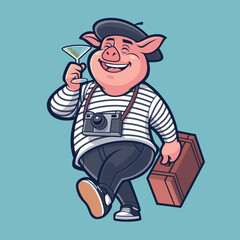 Pig on Vocation carrying a suitcase while enjoying a glas martini