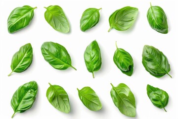 Fototapeta premium A group of fresh green leaves arranged on a clean white surface