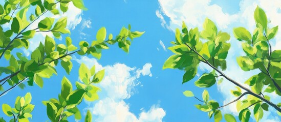 Obraz premium Painting of green trees with leaves and stems against a blue sky background showcasing nature and the beauty of a garden during sunny spring and summer days
