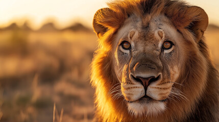 Naklejka premium Close-up shot of a majestic lion with a golden mane, looking directly at the camera, captured during sunset with a blurred savannah background.