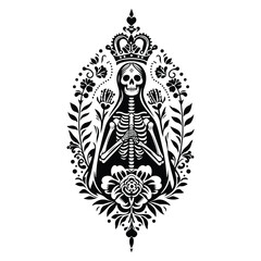 Fototapeta premium queen skeleton with folk art decoration in black and white illustrations, cutout graphic