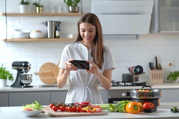 A person checking their tablet in a home kitchen