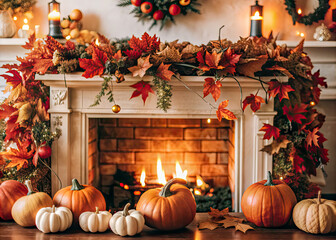 christmas decoration with pumpkins and candles