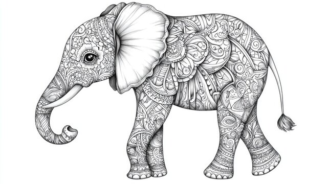 Hand drawn zentangle illustration of a cute elephant for a coloring book on a white background
