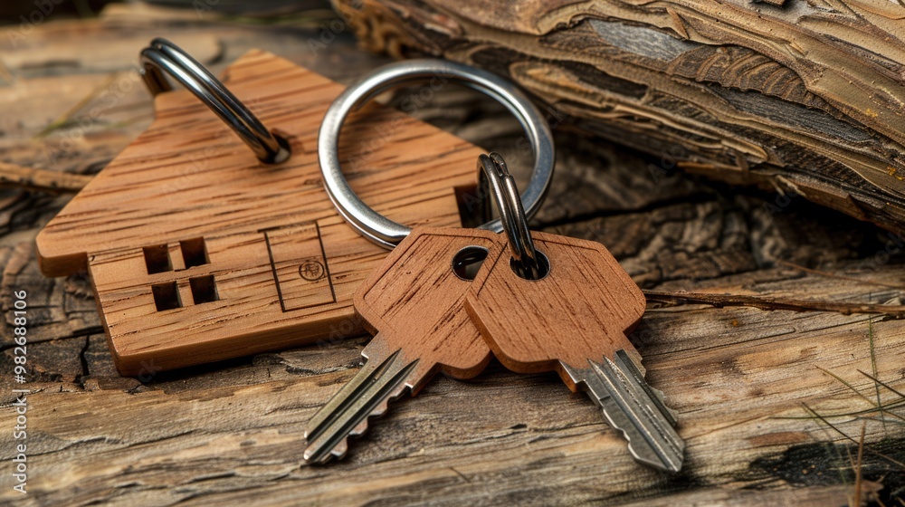 Poster A couple of keys placed on a wooden board, possibly for display or organization