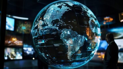 A holographic globe displays a live feed of global events