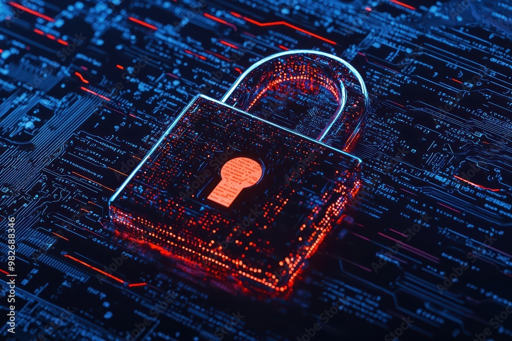 Poster digital lock on a circuit board background symbolizes cybersecurity and data protection in technolog