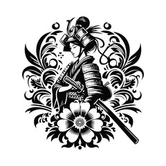 samurai female inside folk art decoration in black and white illustrations, cutout graphic