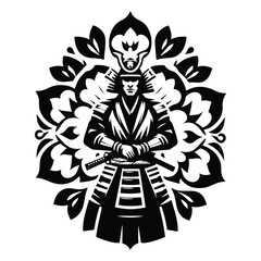 Fototapeta premium samurai male with folk art decoration in black and white illustrations, cutout graphic