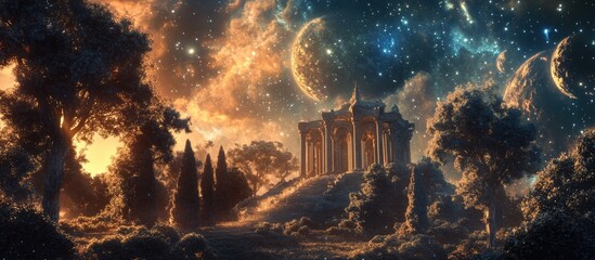 Obraz premium Surreal 3D rendered temple surrounded by trees amidst a cosmic backdrop