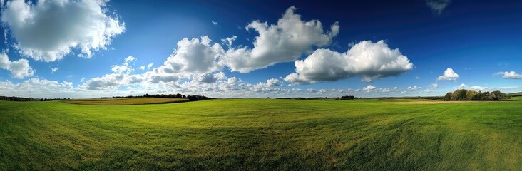Fototapeta premium Serene Green Field with Blue Sky and Fluffy Clouds