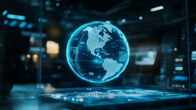 A holographic globe displays a live feed of global events. with copy space