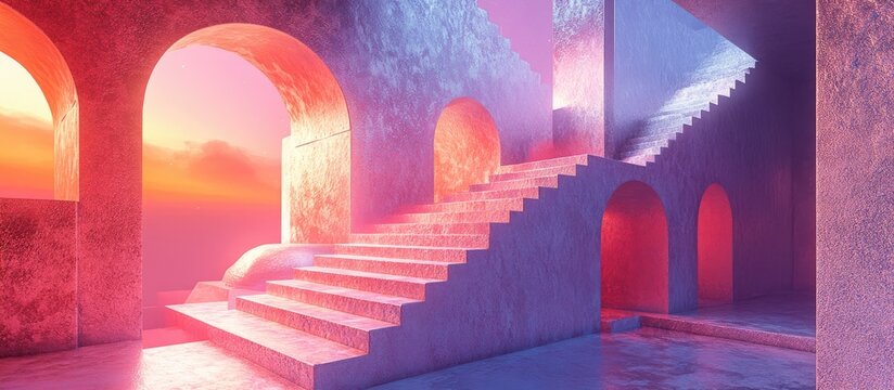 Stairs maze in an ethereal surreal setting featuring 3D illustration suitable for depicting backrooms lucid dreaming impossible architecture or liminal spaces