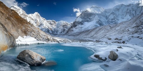 A blue glacial lake nestled between snow-capped mountains.