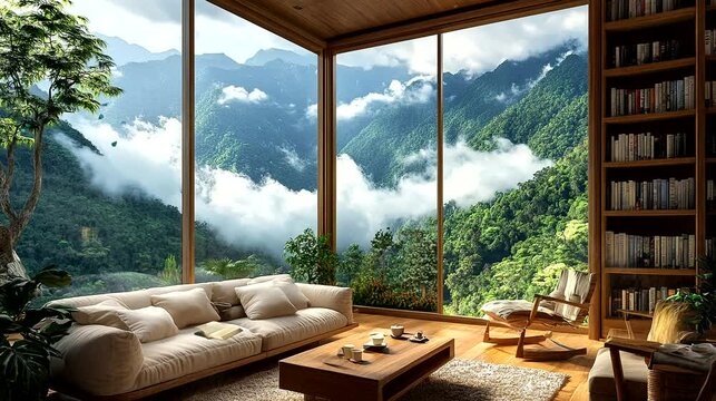 Cozy modern living room with panoramic mountain view. Seamless looping time-lapse 4k video animation background