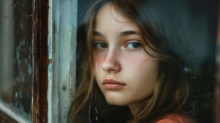 Fototapeta premium A girl looks out of a window with a sad expression, possibly feeling lonely or melancholic
