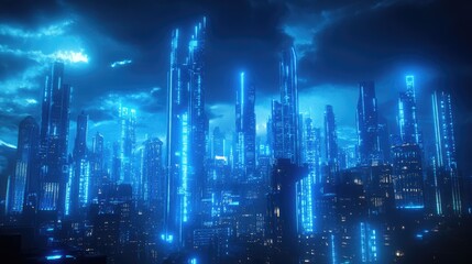 Obraz premium Surreal nightscape featuring a futuristic city illuminated by blue neon lights Imaginative depiction of extraterrestrial architecture in an apocalyptic setting 3D visualization