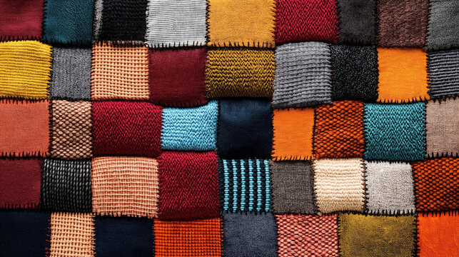 A colorful patchwork quilt made of various fabric swatches sewn together. Each patch features different textures and colors such as red, yellow, blue, and black.