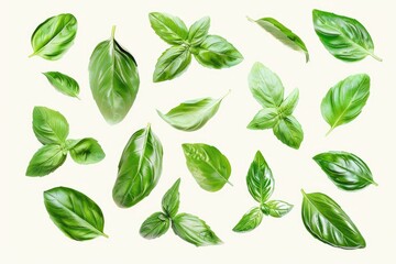 A collection of fresh green leaves arranged on a clean white background