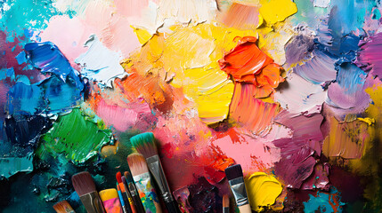 A close-up of colorful oil paints and brushes on a palette
