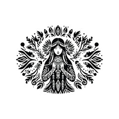 Obraz premium shaman female with folk art decoration in black and white illustrations, cutout graphic