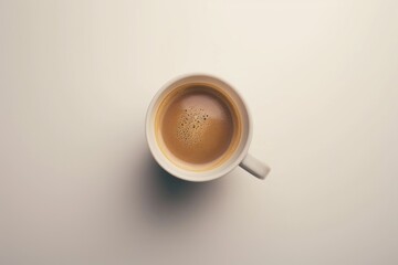 A cup of coffee sits on a white table in a simple yet inviting setting