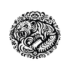 Obraz premium Smilodon with folk art decoration in black and white illustrations, cutout graphic