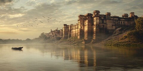 Fototapeta premium Ancient fort on a river bank with a boat.
