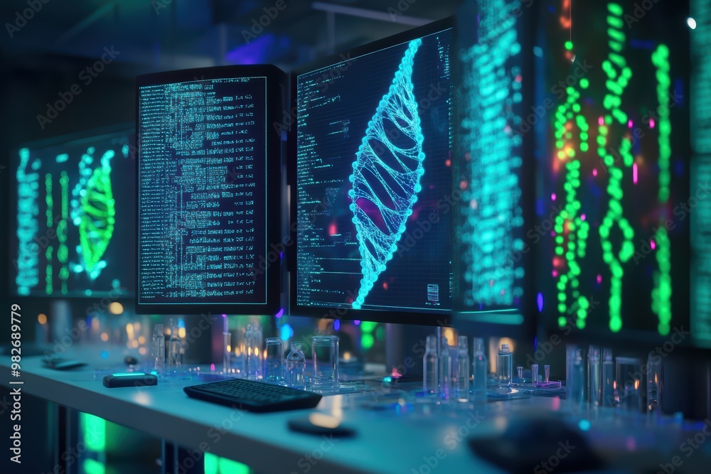 Poster high-tech laboratory showcasing advanced dna analysis with monitors displaying genetic information a