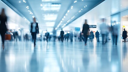 Fototapeta premium a busy office corridor and trade fair with business professionals in motion and a blurred effect