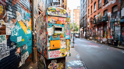 Fototapeta premium A street scene showcasing a mailbox covered with vibrant graffiti and stickers, set against a backdrop of graffiti-covered brick buildings in an urban alley.