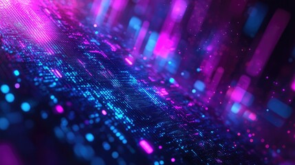 Obraz premium Abstract Digital Background With Glowing Blue And Violet Pixelated Lights Global Technology And Data Concept In Cyberpunk Style