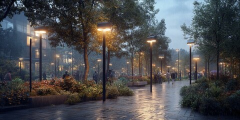 Rainy evening walk in a city park with streetlights.