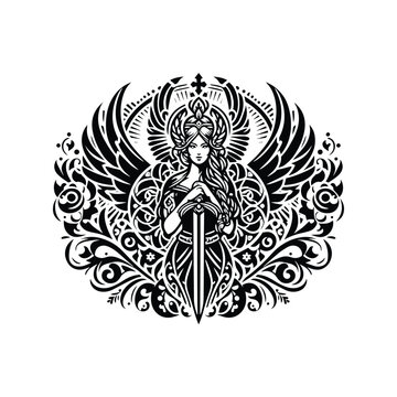 Valkyrie goddess inside folk art decoration in black and white illustrations, cutout graphic
