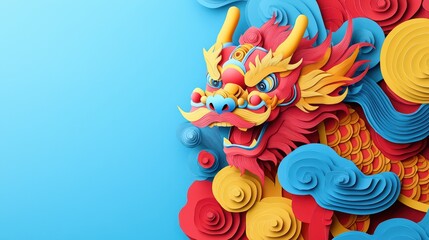 Obraz premium Vibrant dragon artwork in paper-cut style, showcasing colorful design elements that symbolize power and creativity.
