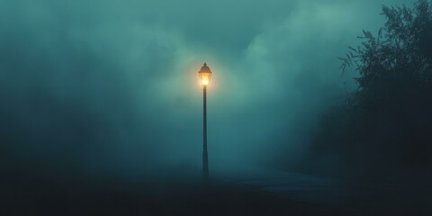 A lone streetlight illuminates fog.