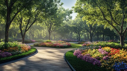 A colorful park with blooming flowers, tall trees, and winding walking paths