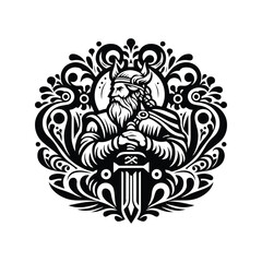 viking male with folk art decoration in black and white illustrations, cutout graphic