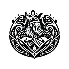 viking male with folk art decoration in black and white illustrations, cutout graphic
