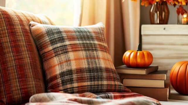 Cozy autumn decor featuring plaid cushions, pumpkins, and warm lighting in a stylish living room setting