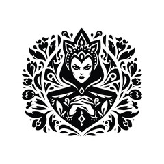 Fototapeta premium villain queen inside folk art decoration in black and white illustrations, cutout graphic