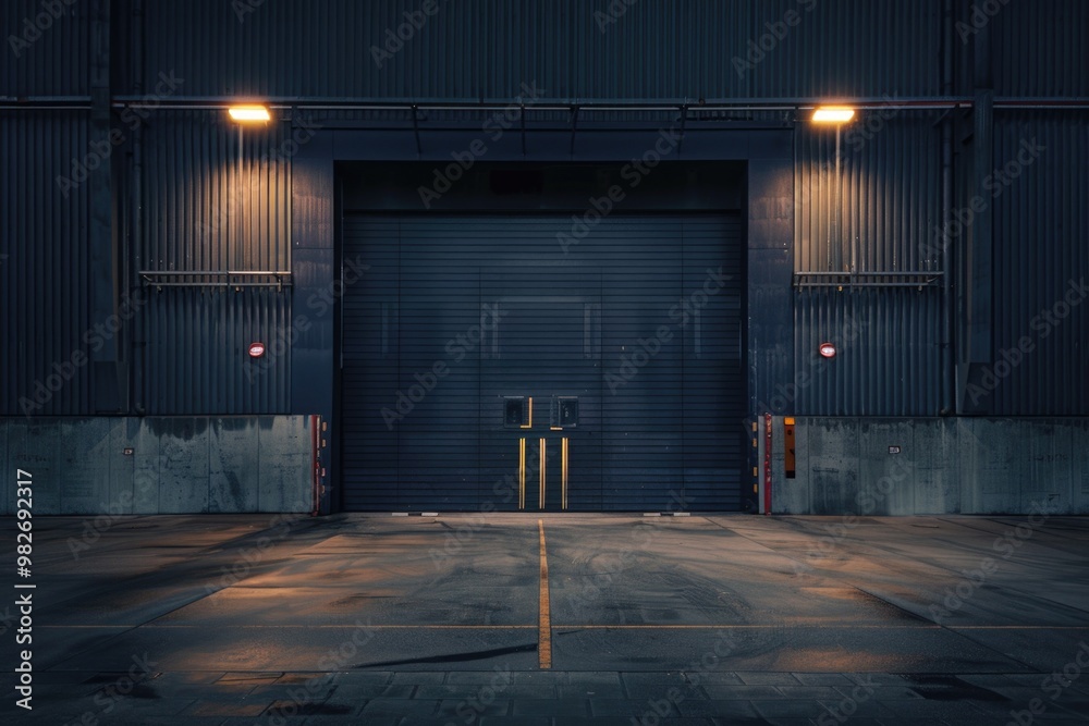 Poster a dark and deserted parking lot with a closed garage door, perfect for use in scenes depicting isola