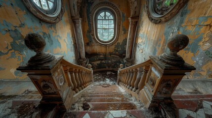 An aged and decaying staircase in an abandoned building with ornate, overgrown architecture and peeling paint conveying a sense of historical beauty and neglect © aicandy