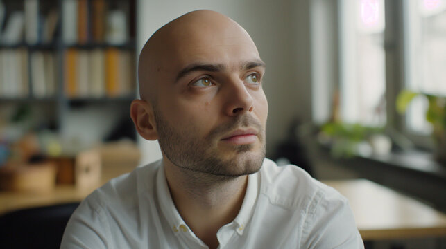 Angel investor with halo evaluating startup pitch, serene smile in soft morning light, entrepreneurial success concept