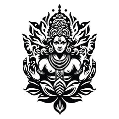 Vishnu hindu god with folk art decoration in black and white illustrations, cutout graphic f