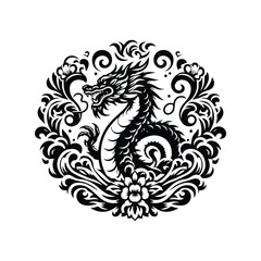 Fototapeta premium water dragon with folk art decoration in black and white illustrations, cutout graphic