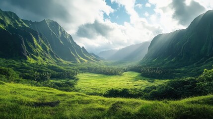 Fototapeta premium A national park landscape featuring a towering mountain range and lush green valley