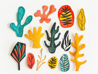 Obraz premium Colorful abstract botanical shapes in various colors and sizes on a white background. Flat lay composition for design and print