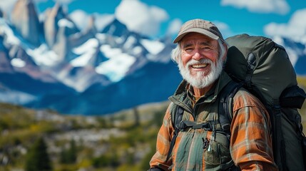 Obraz premium senior man hiking in patagonia mountains with a smile for outdoor fitness and nature adventure in scenic wilderness