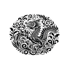 Obraz premium water dragon with folk art decoration in black and white illustrations, cutout graphic
